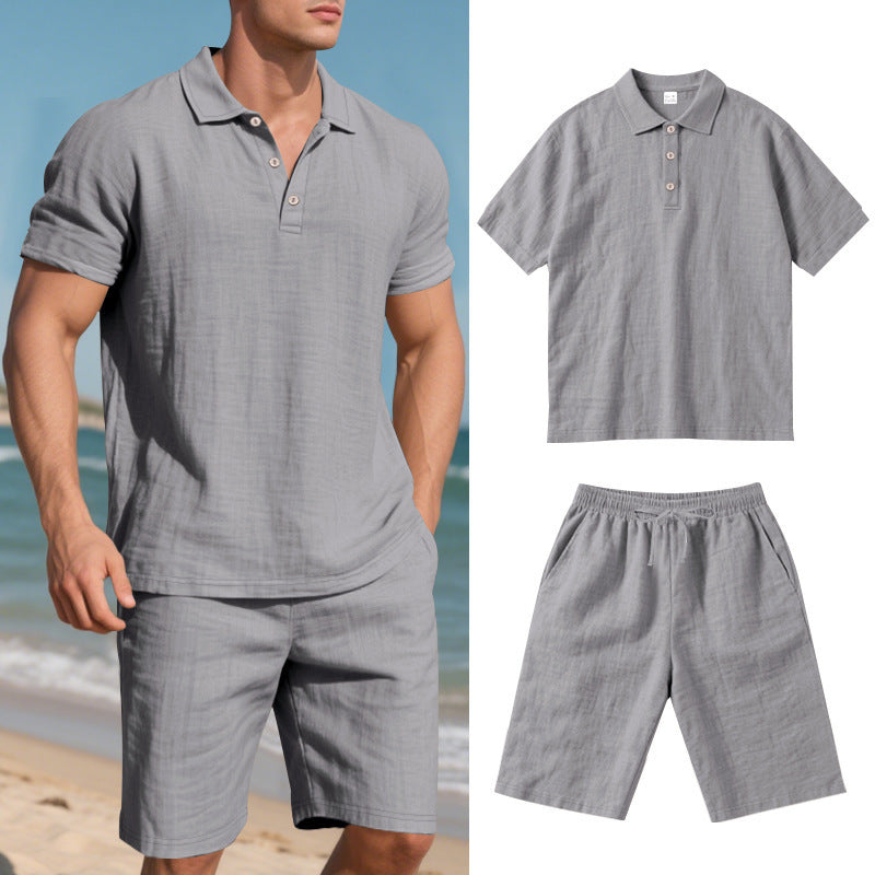 Summer Men's Loose Casual Linen Breathable Short Sleeve Shirts & Shorts Clothing Set