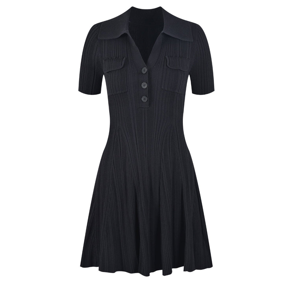 French Retro Solid Color Polo Collar Waist Slimming And Short A - Line Dress - Weriion