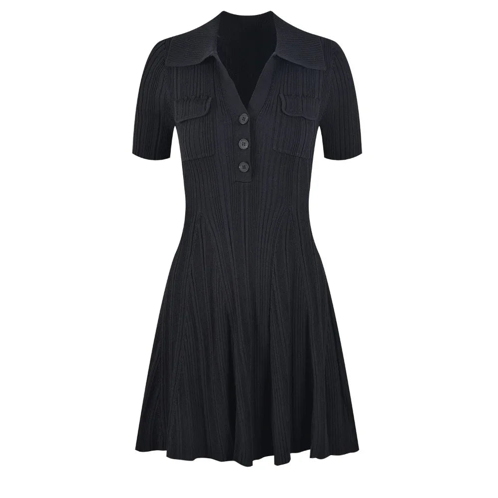 French Retro Solid Color Polo Collar Waist Slimming And Short A - Line Dress - Weriion