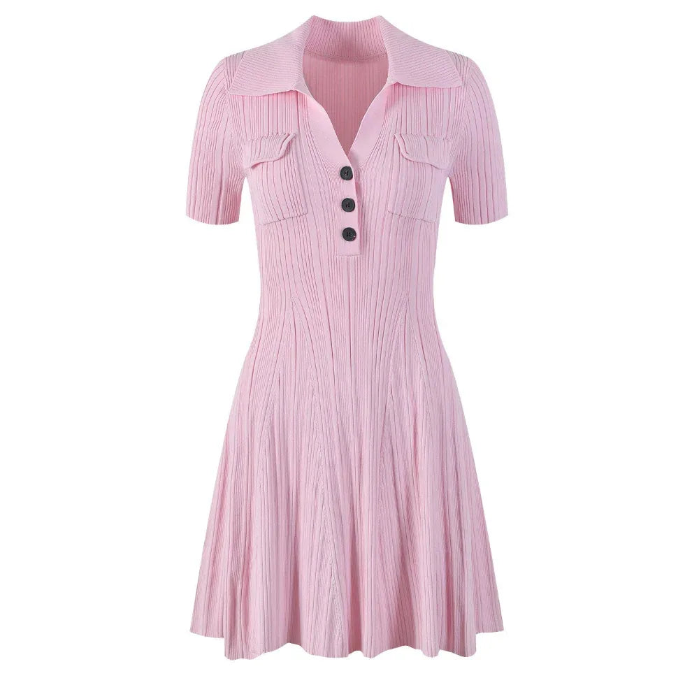 French Retro Solid Color Polo Collar Waist Slimming And Short A - Line Dress - Weriion