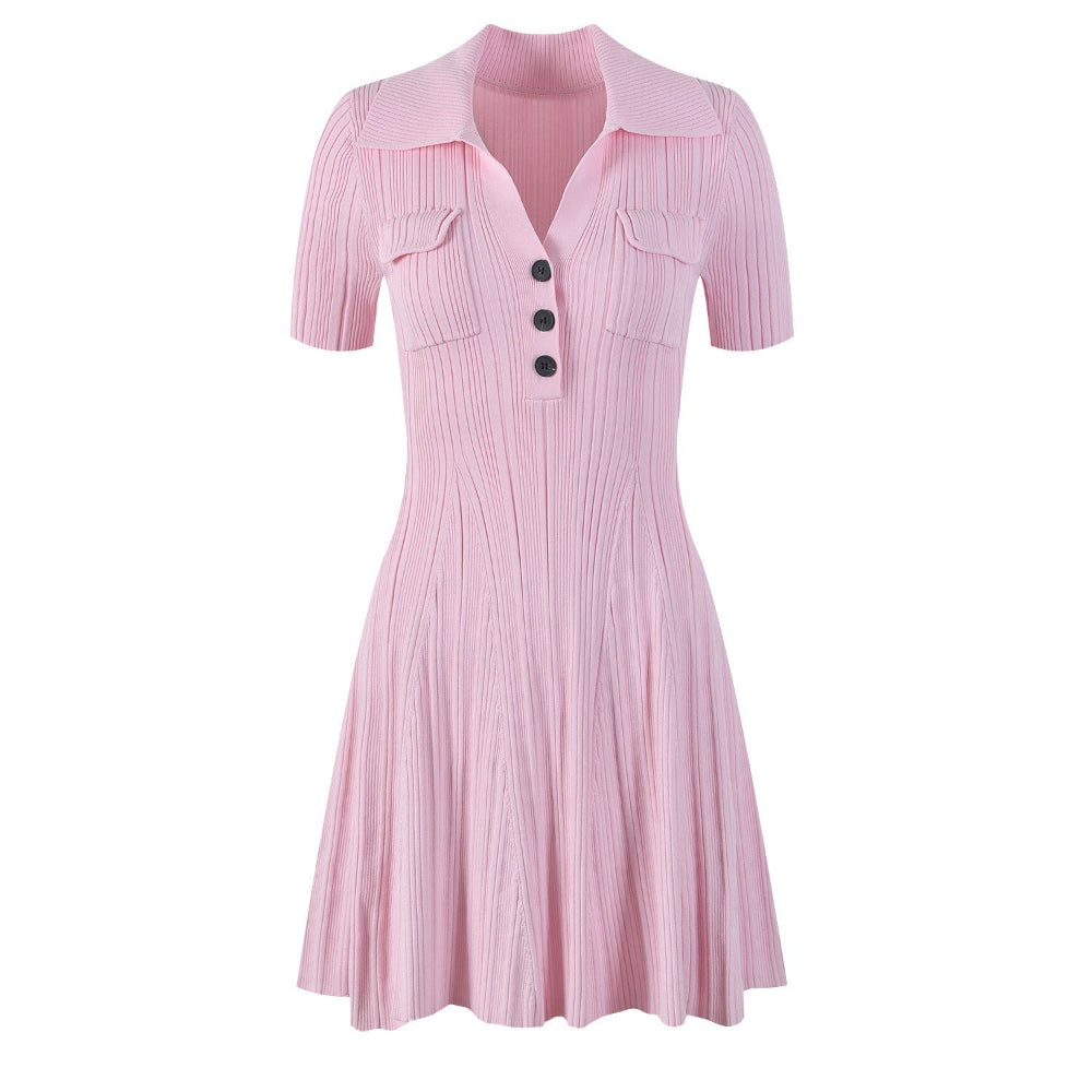 French Retro Solid Color Polo Collar Waist Slimming And Short A - Line Dress - Weriion