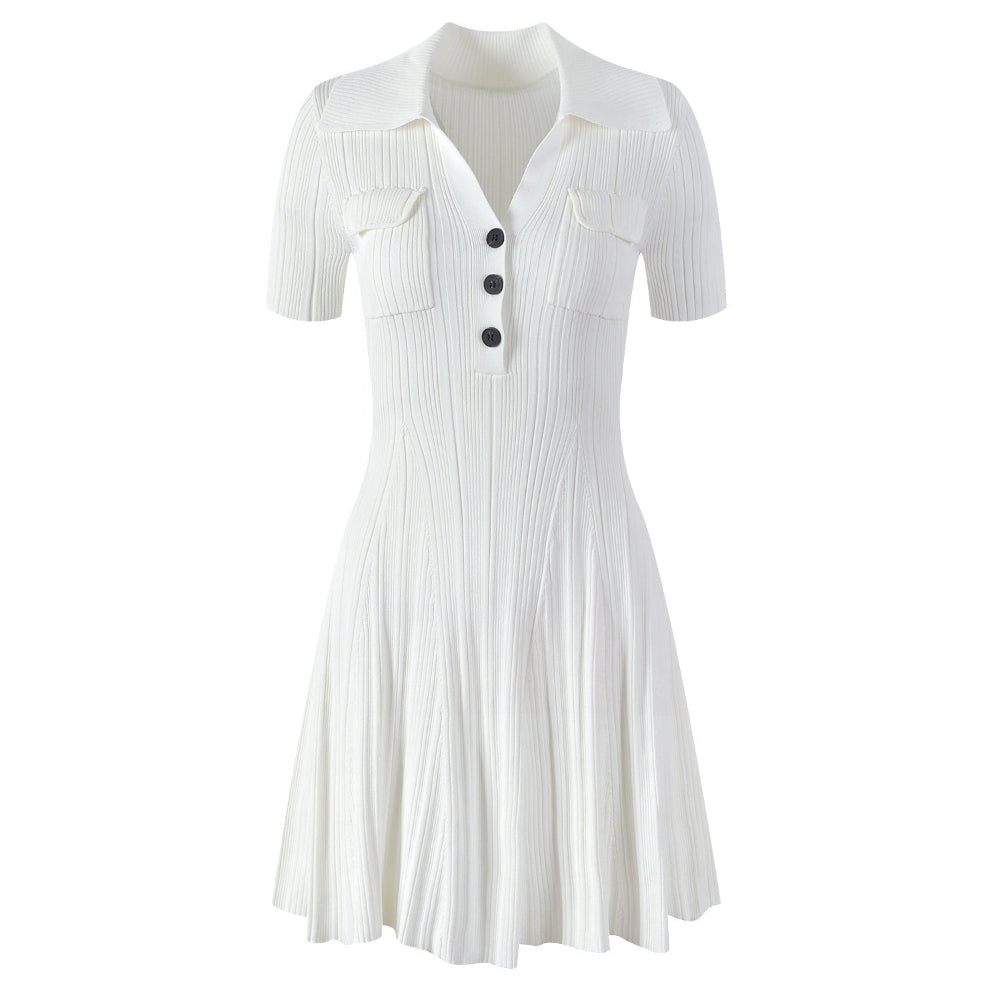 French Retro Solid Color Polo Collar Waist Slimming And Short A - Line Dress - Weriion