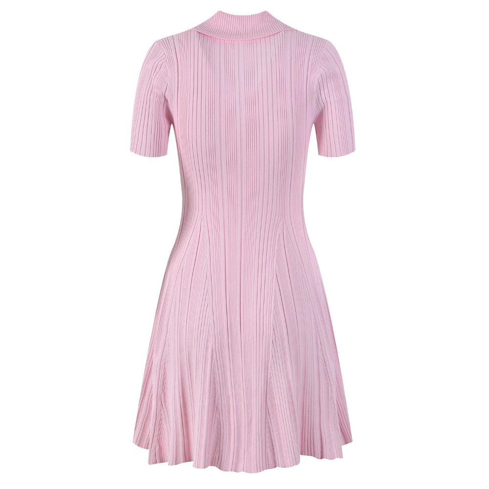 French Retro Solid Color Polo Collar Waist Slimming And Short A - Line Dress - Weriion