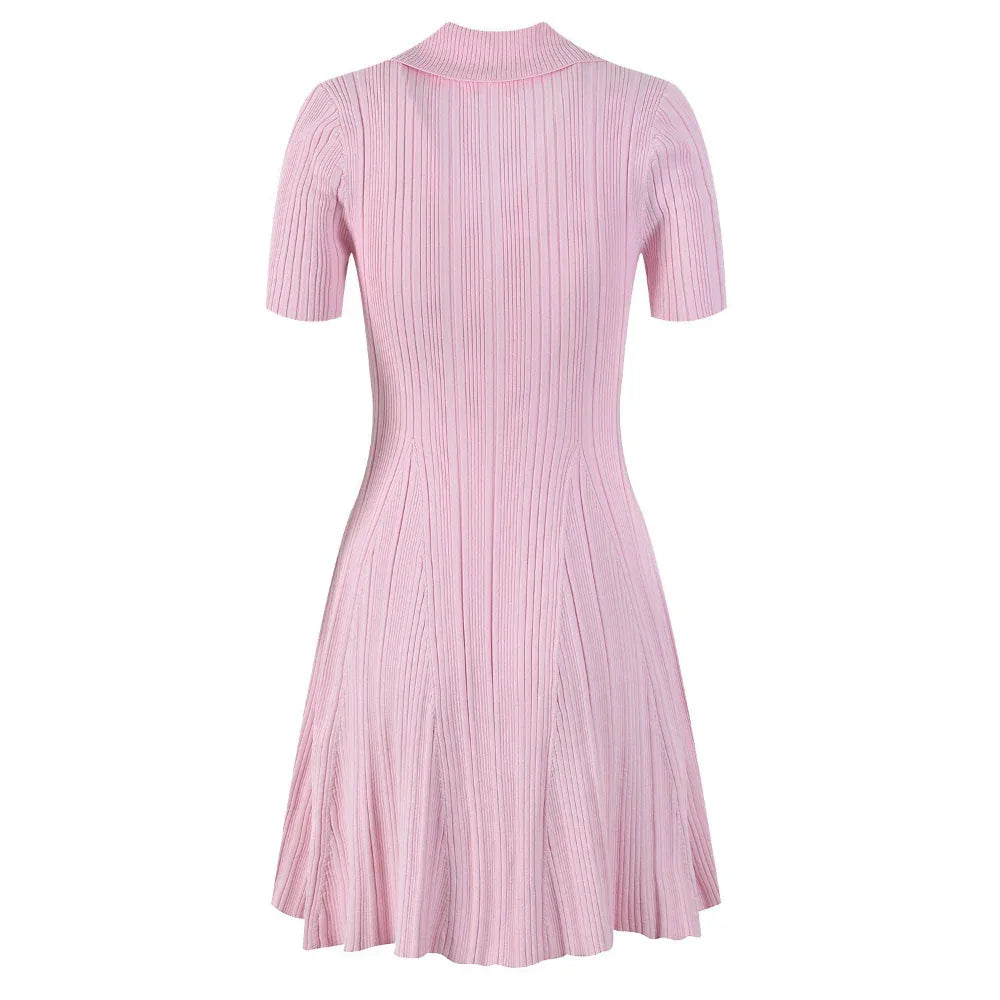 French Retro Solid Color Polo Collar Waist Slimming And Short A - Line Dress - Weriion