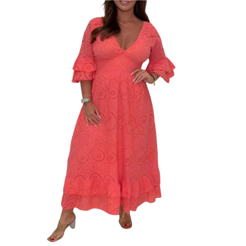 High Waisted Embroidered Solid V - Neck Dress - Weriion