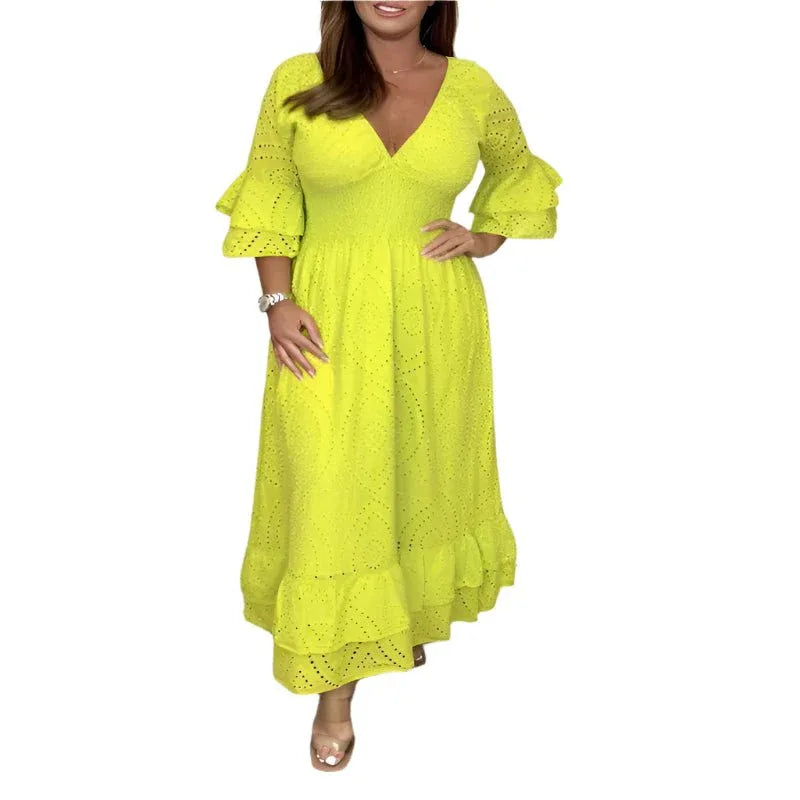 High Waisted Embroidered Solid V - Neck Dress - Weriion