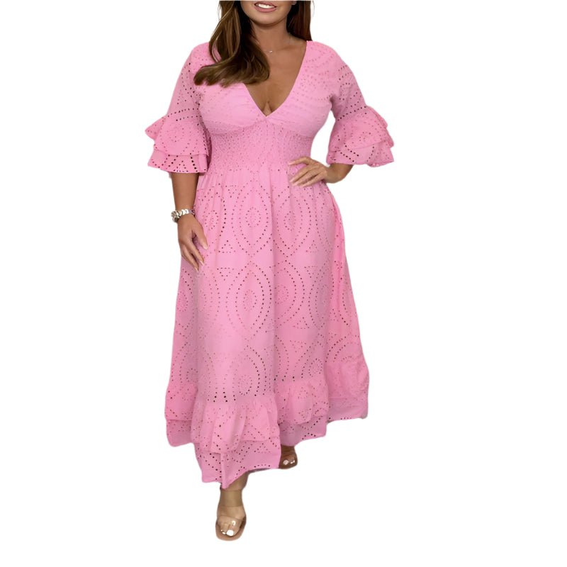 High Waisted Embroidered Solid V - Neck Dress - Weriion