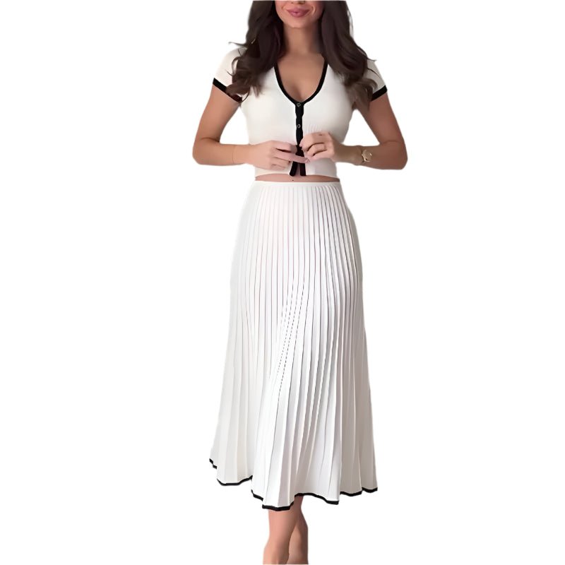 Knitted Contrast Color Slim Fit Short Top High Waist Skirt Clothing Set - Weriion
