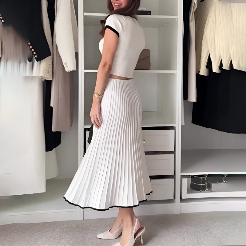 Knitted Contrast Color Slim Fit Short Top High Waist Skirt Clothing Set - Weriion