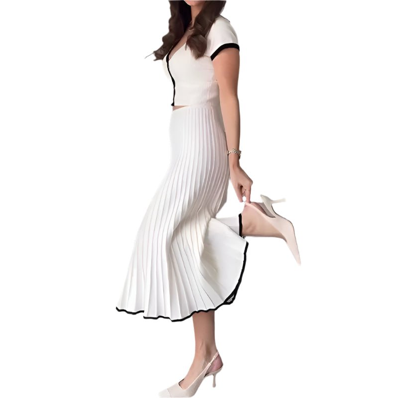 Knitted Contrast Color Slim Fit Short Top High Waist Skirt Clothing Set - Weriion