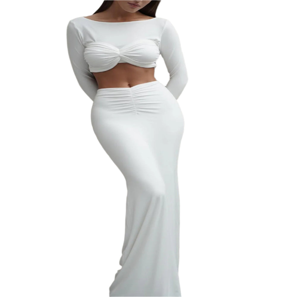 Long - Sleeved Crop Top & Shirred Maxi Skirt Two - Piece Set - Weriion