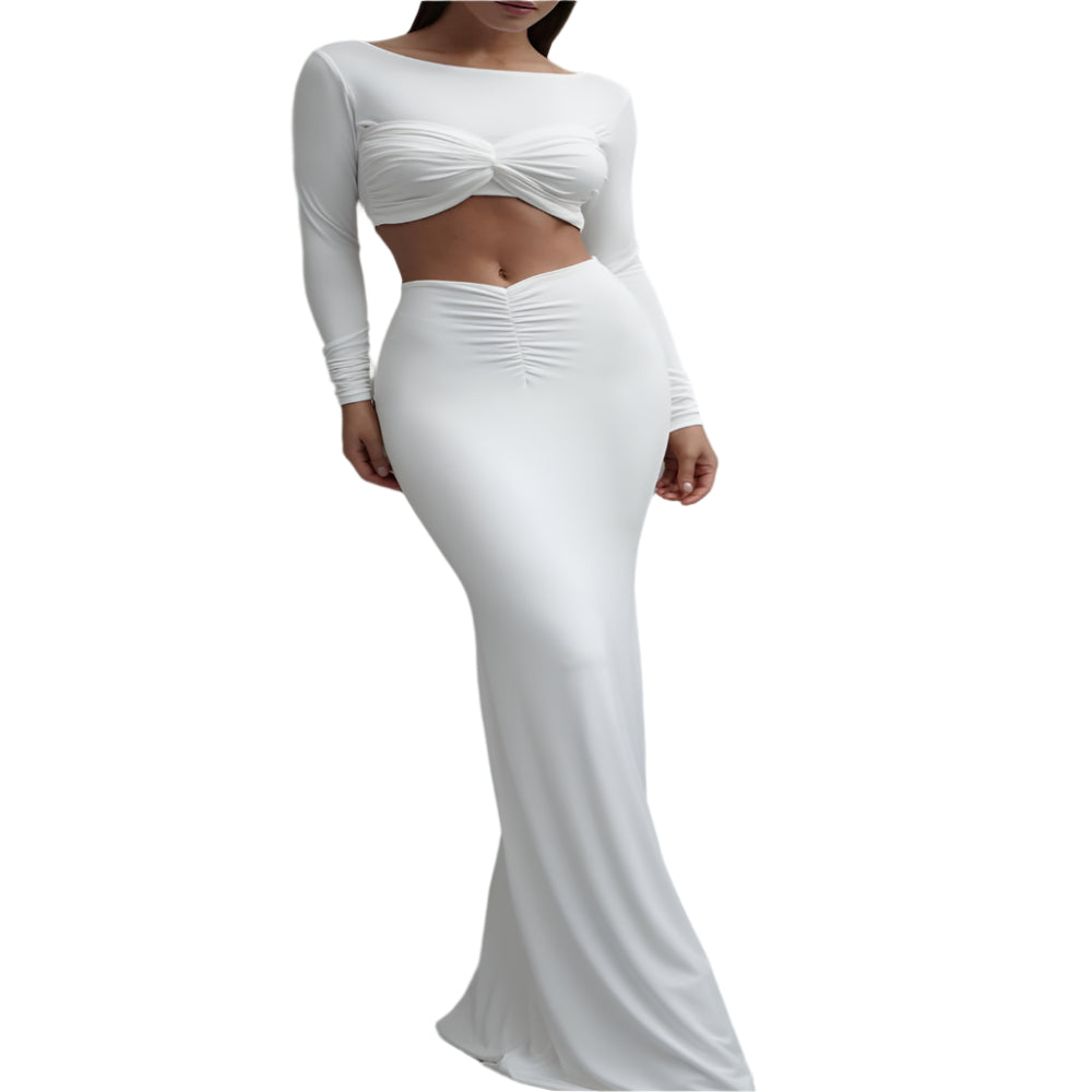 Long - Sleeved Crop Top & Shirred Maxi Skirt Two - Piece Set - Weriion