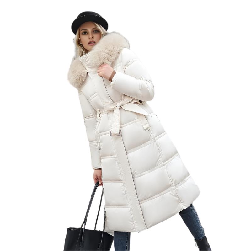 Long Slim Fit Fur Hooded Women's Warm Winter Jacket With Adjustable Belt - Weriion