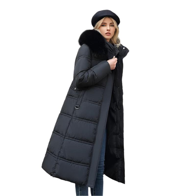 Long Slim Fit Fur Hooded Women's Warm Winter Jacket With Adjustable Belt - Weriion