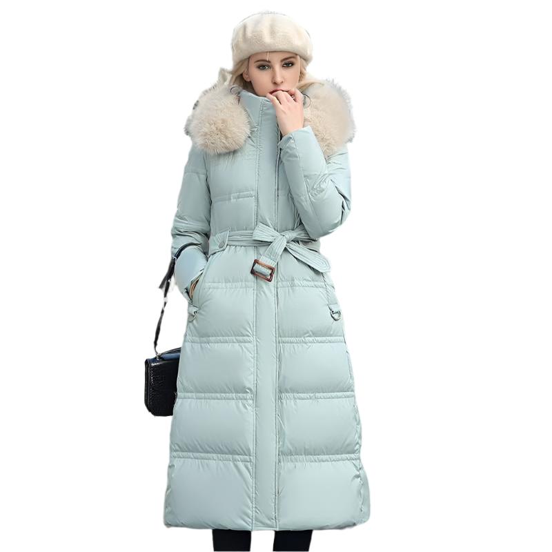 Long Slim Fit Fur Hooded Women's Warm Winter Jacket With Adjustable Belt - Weriion