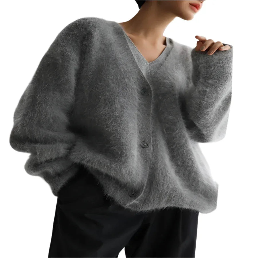 Loose V - Neck Button Cardigan Fall Winter Fashion Single Breasted Knitted Sweater Top Women's Clothing - Weriion