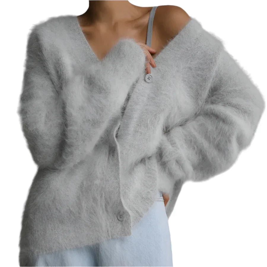 Loose V - Neck Button Cardigan Fall Winter Fashion Single Breasted Knitted Sweater Top Women's Clothing - Weriion