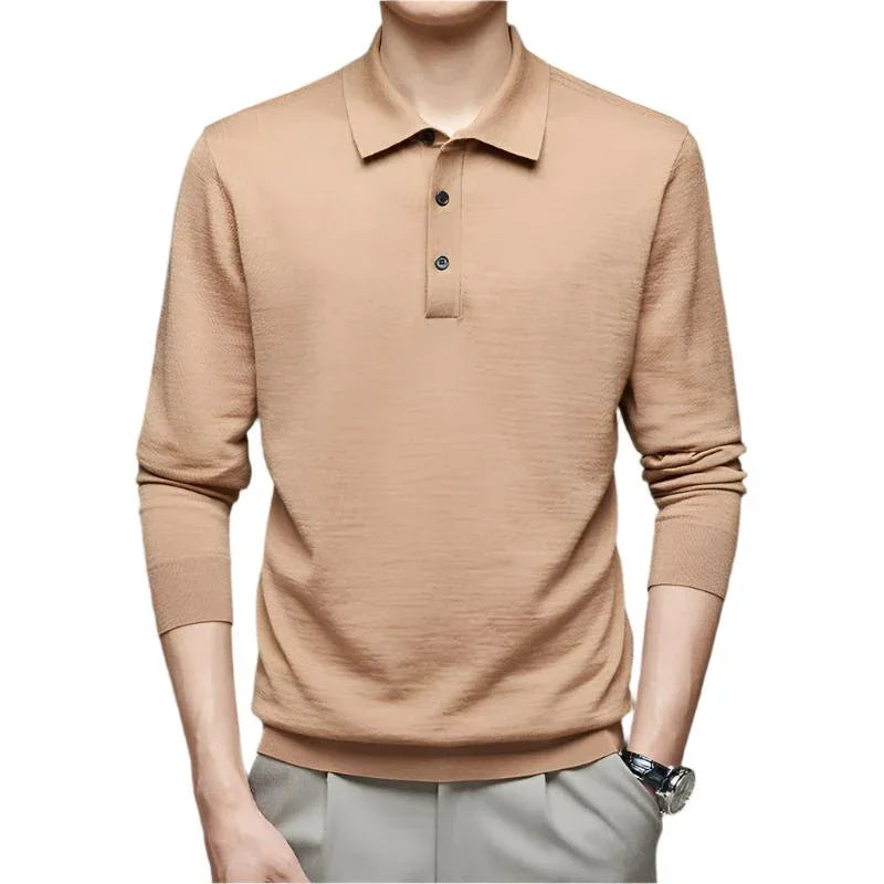 Men's Fine Knitted Long Sleeve Wool Polo Shirt - Weriion