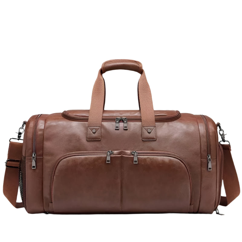 Men's Leather Business Travel Duffle Weekend Bag With Attachable Shoulder Strap - Weriion