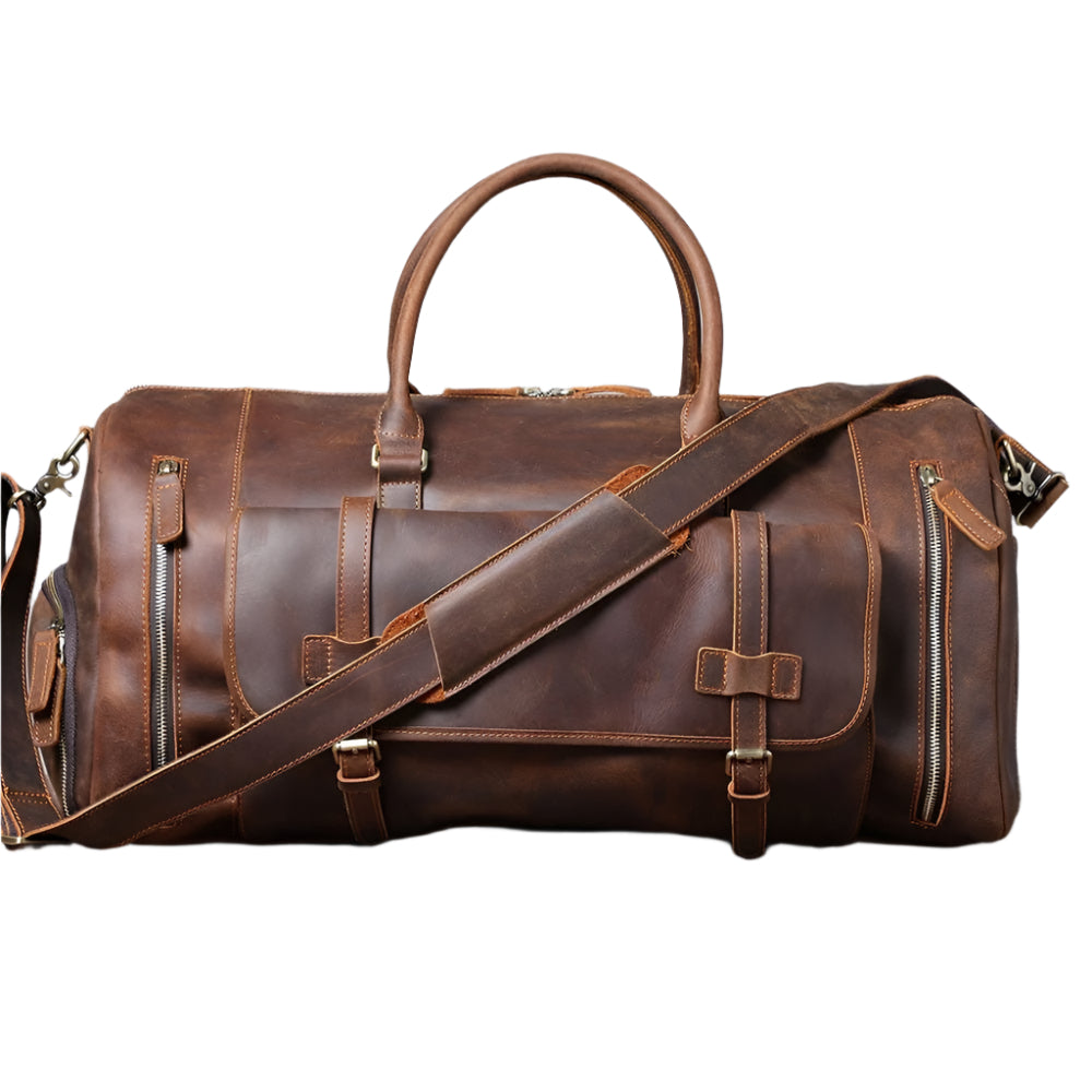 Men's Retro Shoulder Bag Genuine Cowhide Leather Duffle Weekend Bag - Weriion