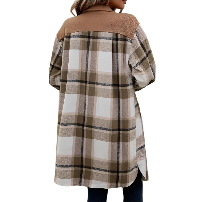 Plaid Long Winter Coat With Chest Pockets - Weriion