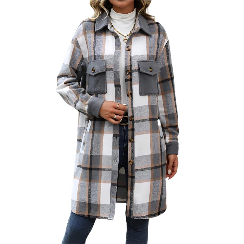 Plaid Long Winter Coat With Chest Pockets - Weriion