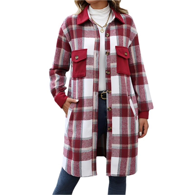 Plaid Long Winter Coat With Chest Pockets - Weriion