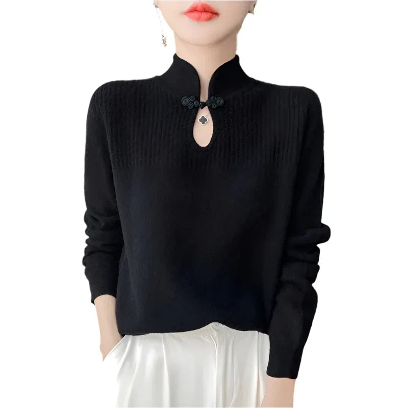 Retro Buckle Vertical Collar Sweater For Women - Weriion