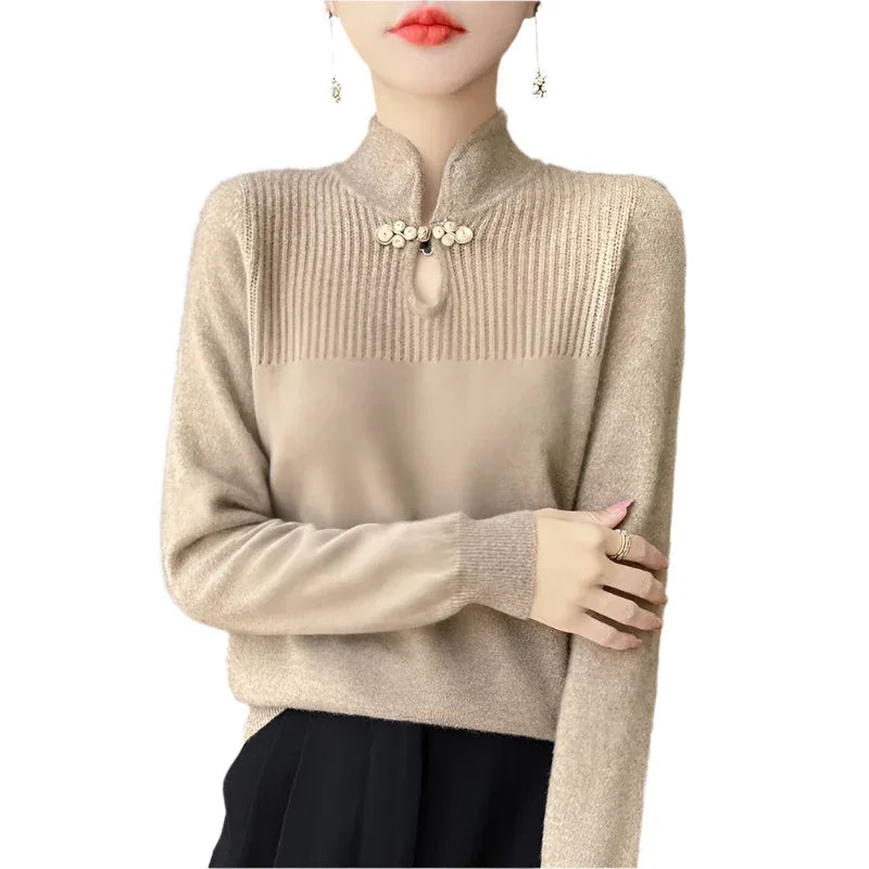 Retro Buckle Vertical Collar Sweater For Women - Weriion