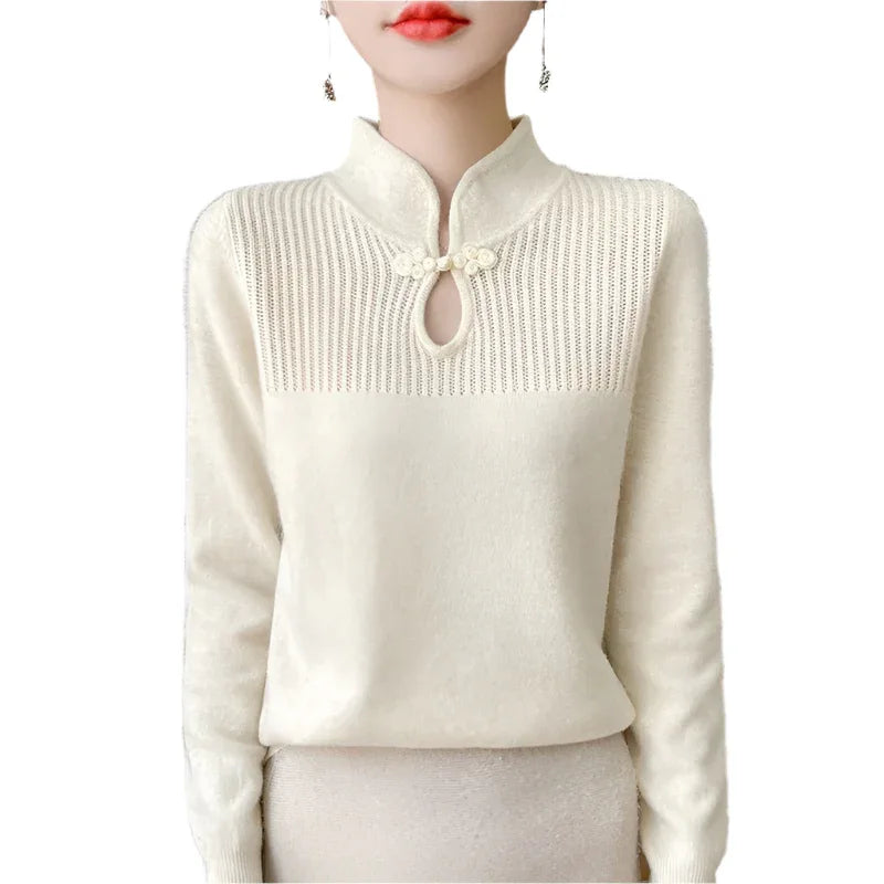 Retro Buckle Vertical Collar Sweater For Women - Weriion