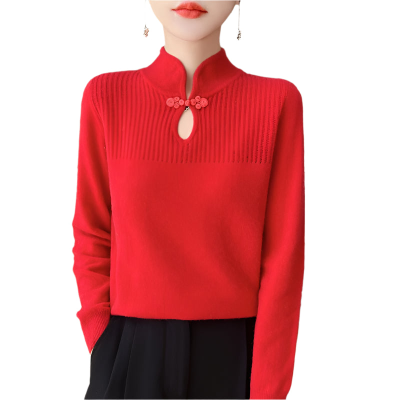 Retro Buckle Vertical Collar Sweater For Women - Weriion