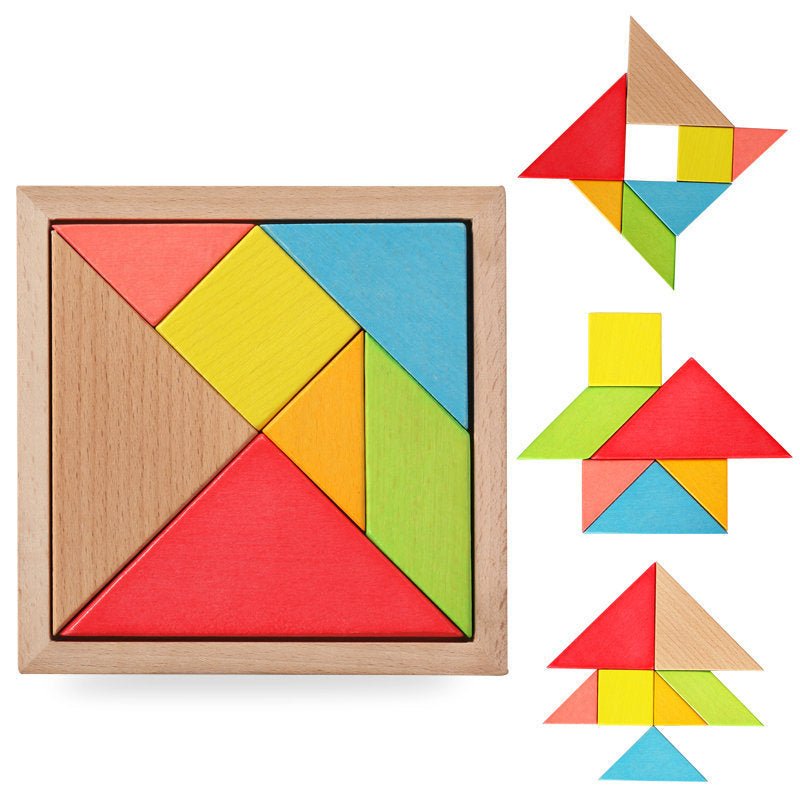 Small Tangram Colored Wooden Building Blocks Shape Cognitive Jigsaw Puzzle Educational Toy - Weriion