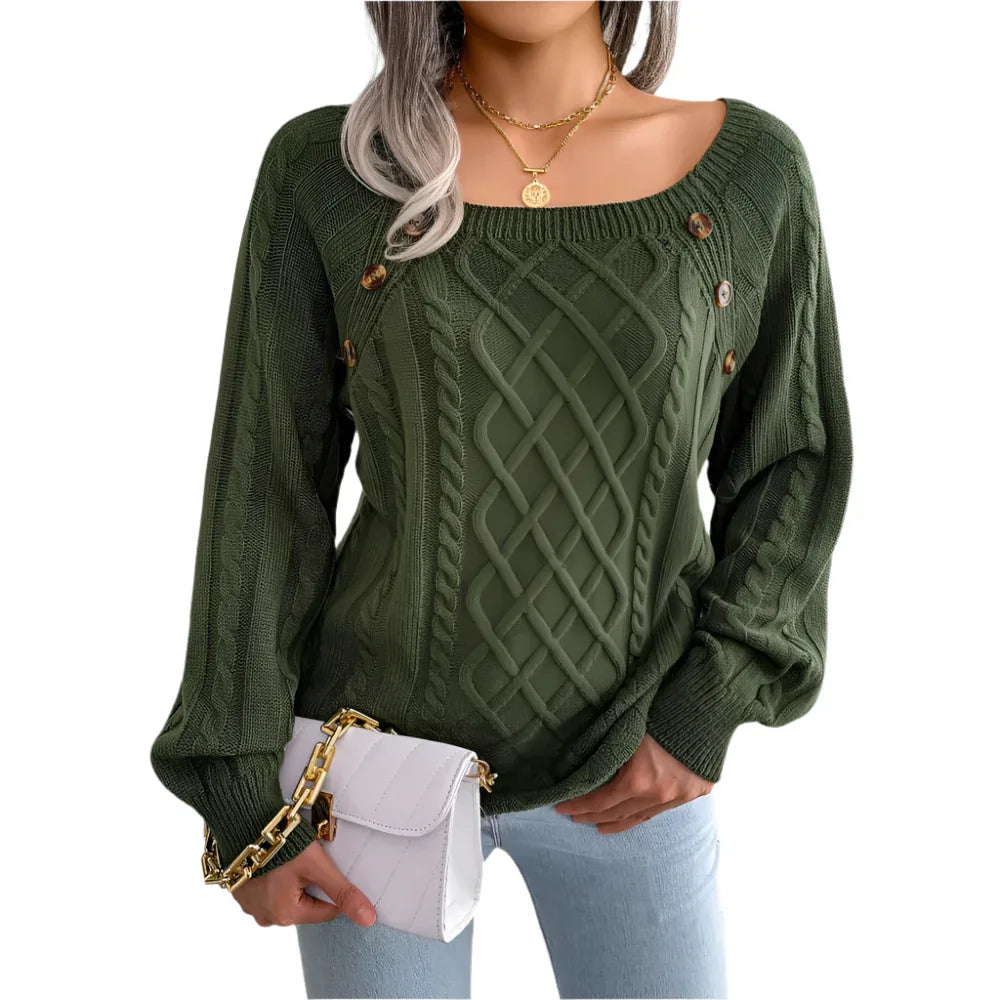 Square Neck Knitted Sweater With Button Design Winter Warm Long Sleeve Tops Women's Clothing - Weriion