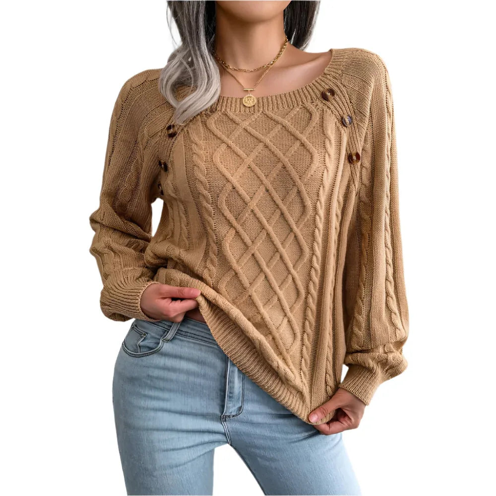 Square Neck Knitted Sweater With Button Design Winter Warm Long Sleeve Tops Women's Clothing - Weriion
