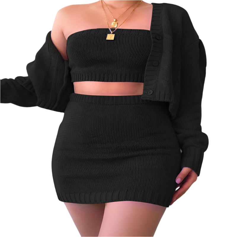 Sweater Crop Top & Skirt Three Piece Clothing Set - Weriion