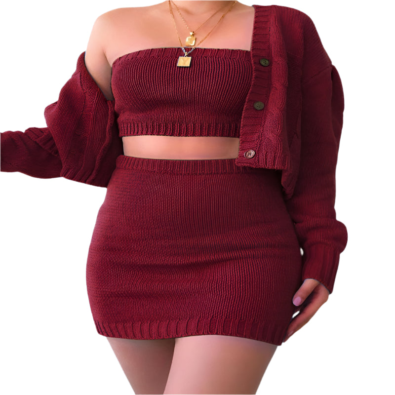 Sweater Crop Top & Skirt Three Piece Clothing Set - Weriion