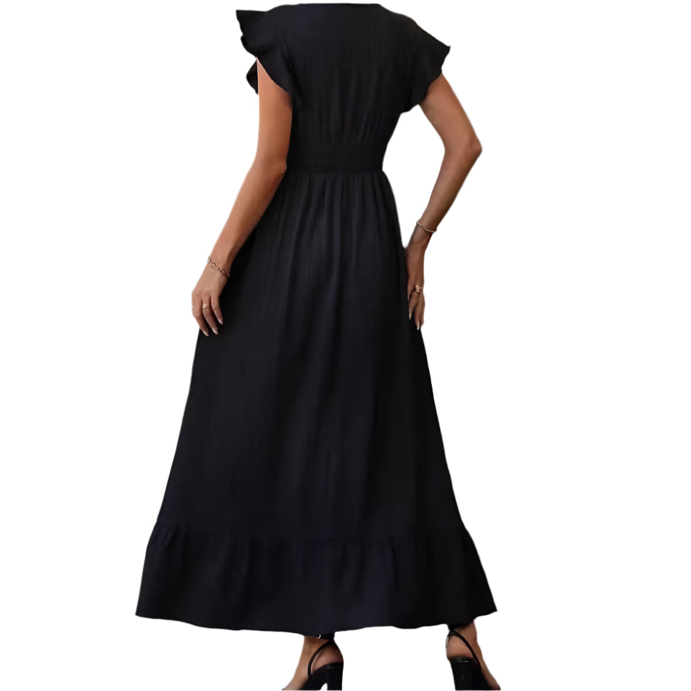 V - Neck Ruffled Sleeve Solid Color Leisure Dress - Weriion