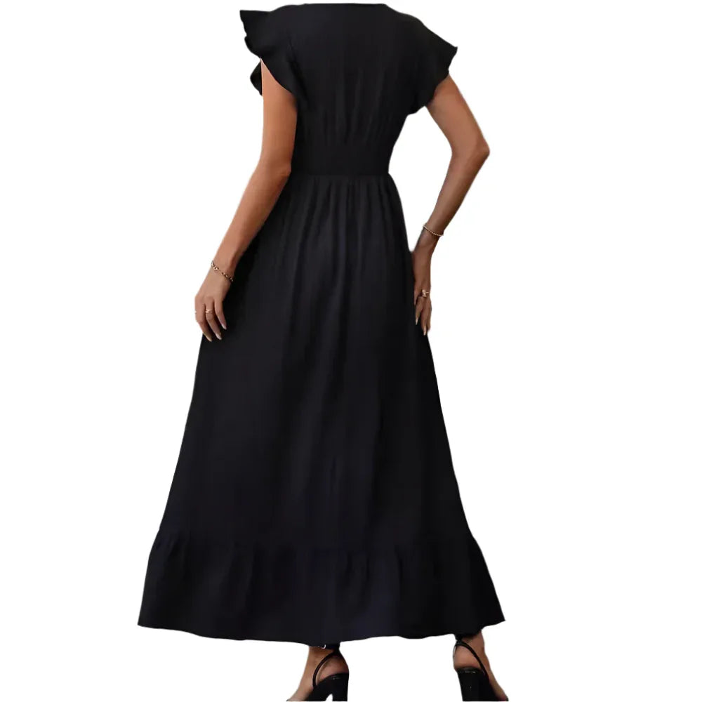 V - Neck Ruffled Sleeve Solid Color Leisure Dress - Weriion