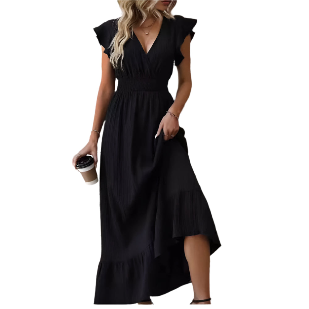 V - Neck Ruffled Sleeve Solid Color Leisure Dress - Weriion