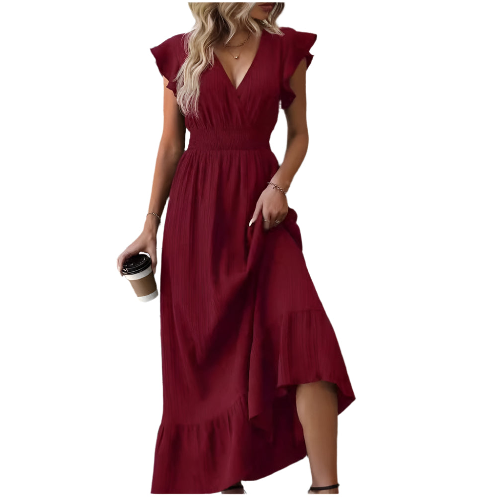 V - Neck Ruffled Sleeve Solid Color Leisure Dress - Weriion