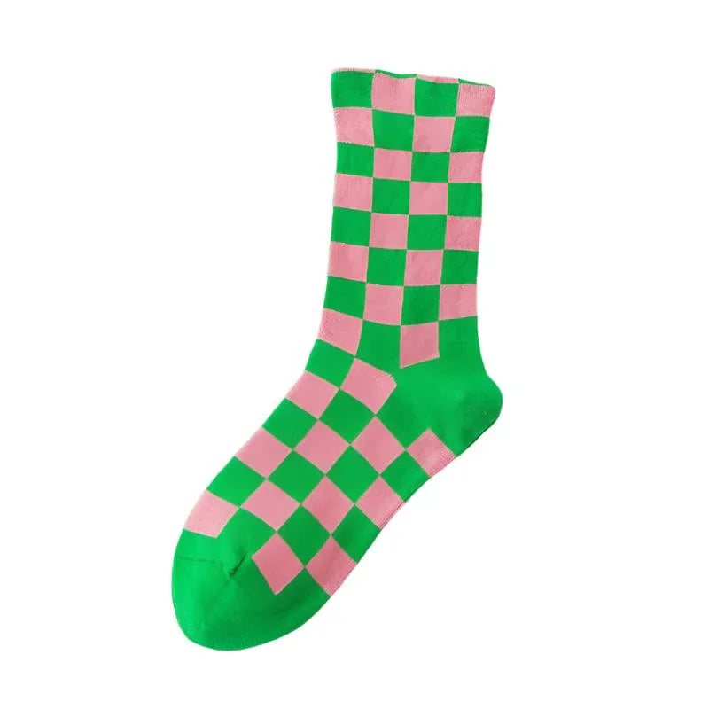 Women's Chessboard Plaid Contrast Color Tube Socks - Weriion