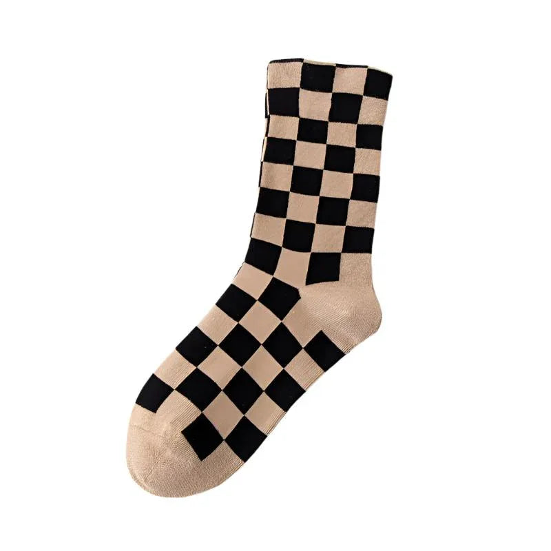 Women's Chessboard Plaid Contrast Color Tube Socks - Weriion