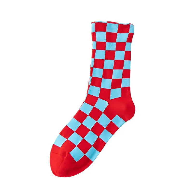 Women's Chessboard Plaid Contrast Color Tube Socks - Weriion
