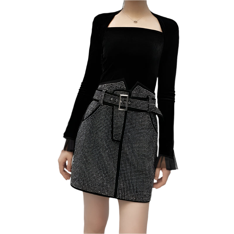 Women's Genuine Leather Studded Diamonds Skirt With Adjustable Belt - Weriion