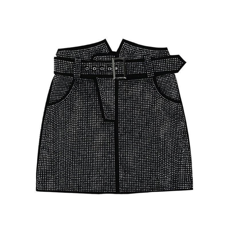 Women's Genuine Leather Studded Diamonds Skirt With Adjustable Belt - Weriion