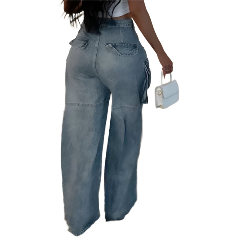 Women's Large Pocket High Waist Straight Jeans - Weriion