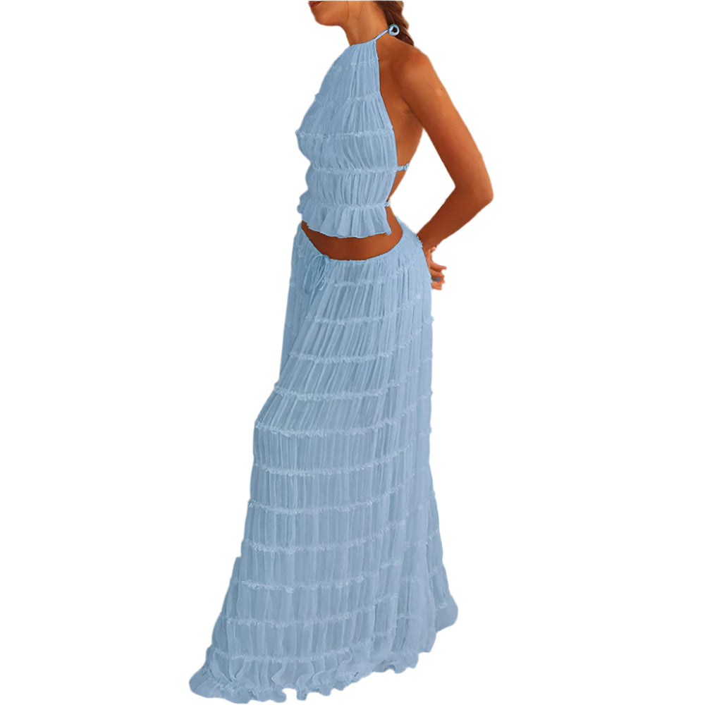 Women's Long Dress & Sleeveless Backless Top 2pcs Clothing Set - Weriion