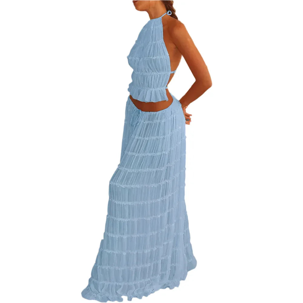 Women's Long Dress & Sleeveless Backless Top 2pcs Clothing Set - Weriion