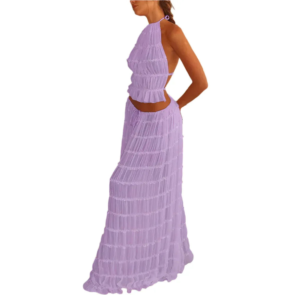 Women's Long Dress & Sleeveless Backless Top 2pcs Clothing Set - Weriion