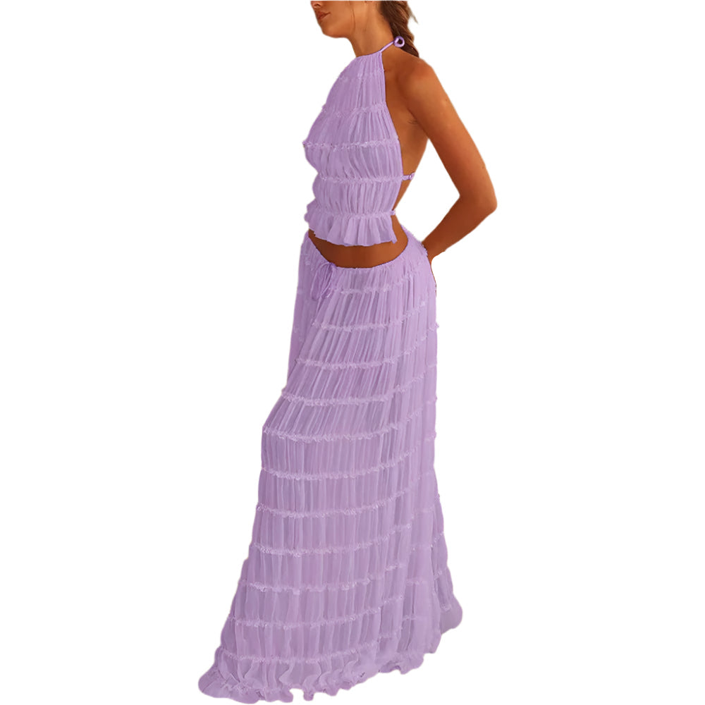 Women's Long Dress & Sleeveless Backless Top 2pcs Clothing Set - Weriion